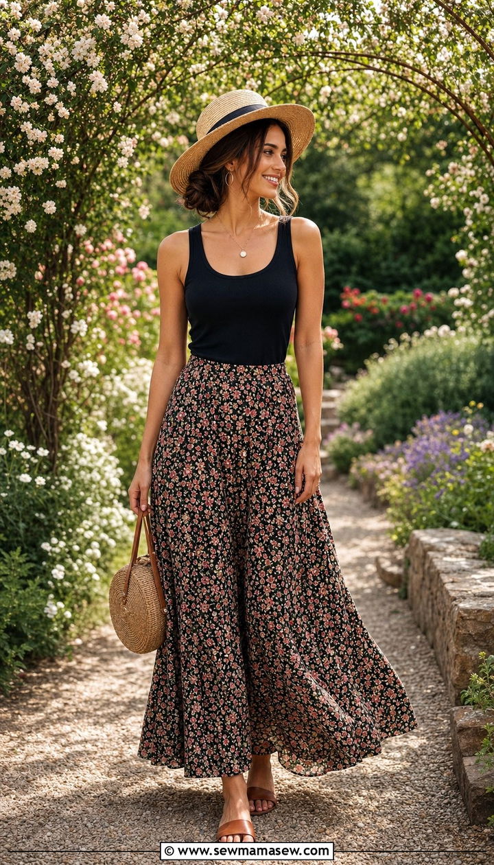Black Tank Top With A Floral Maxi Skirt And Flat Sandals - 25 spring black tank top outfit ideas