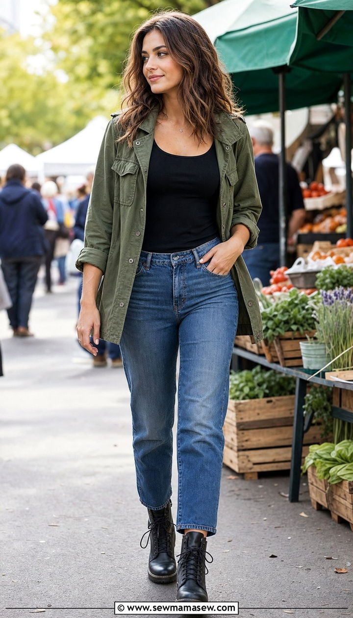 Black Tank Top With A Utility Jacket And Straight Leg Jeans - 25 spring black tank top outfit ideas