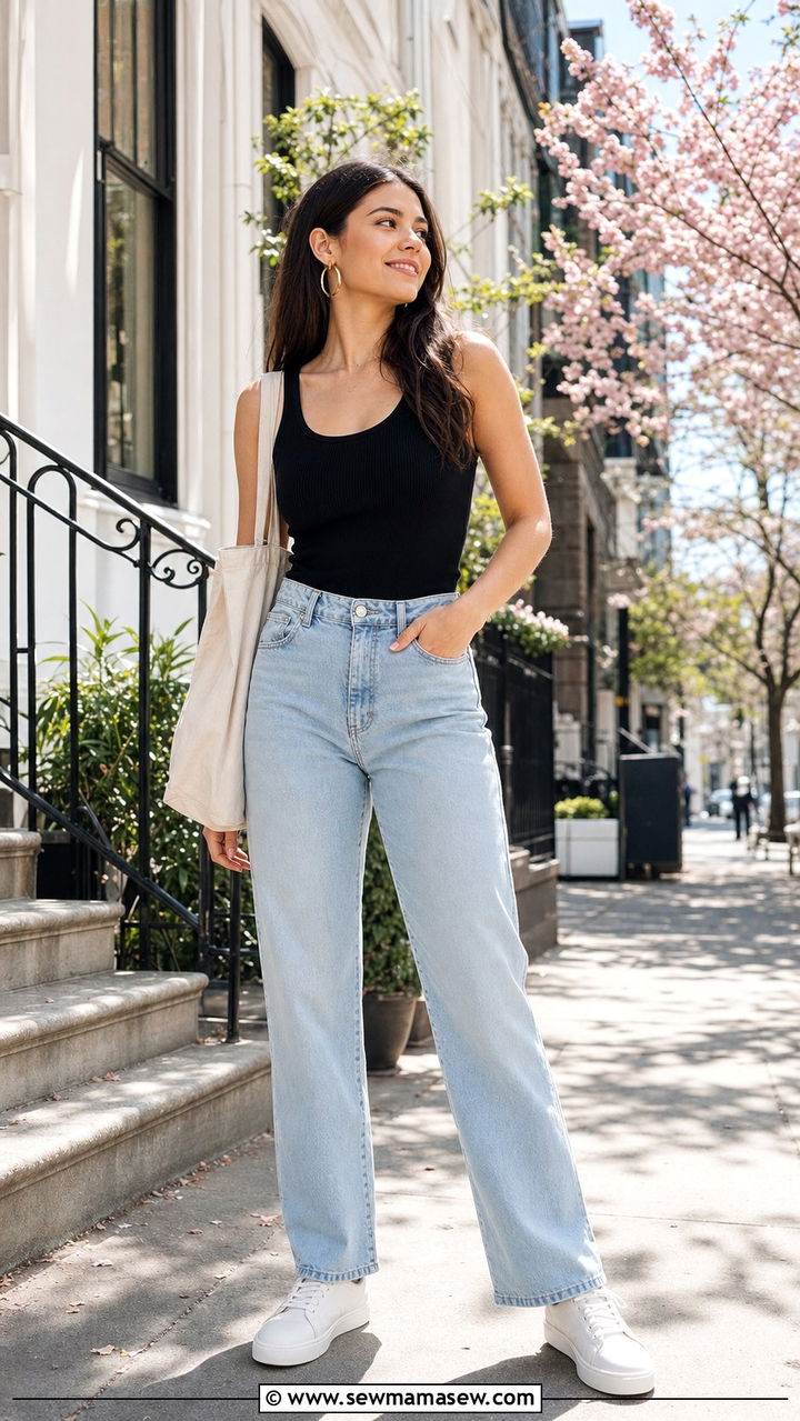 Black Tank Top With High Waisted Straight Leg Jeans And White Sneakers - 25 spring black tank top outfit ideas