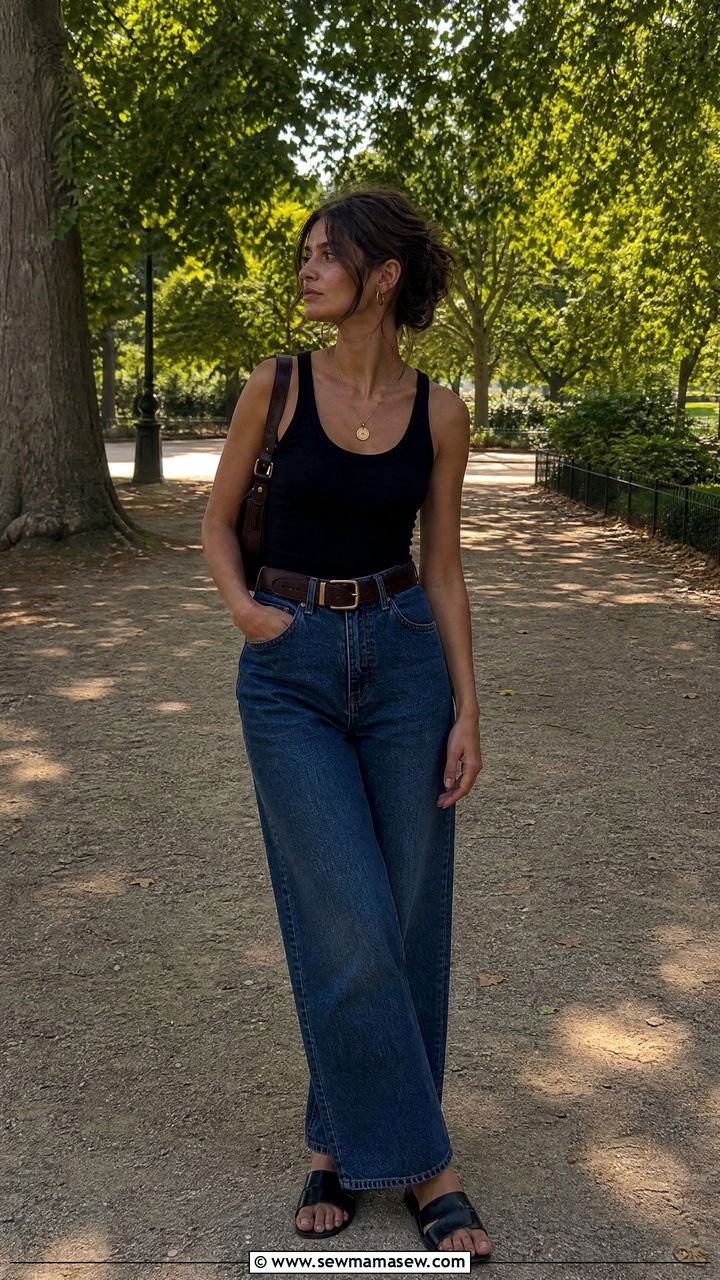 Black Tank Top with Vintage Wide Leg Jeans - 30 summer dark academia outfits