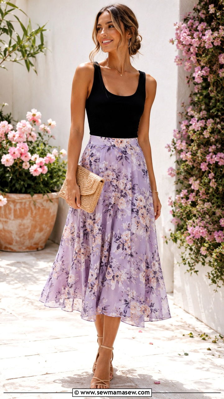 Black Tank With Floral Midi Skirt and Strappy Sandals - 30 Spring outfits with tank top
