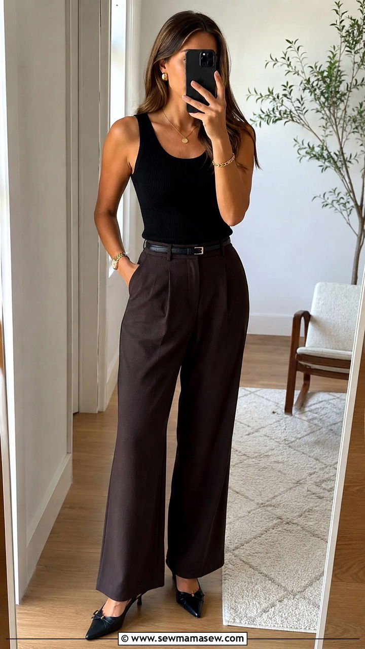 Black Tank and Espresso Wide Leg Pants Spring 2026 - 30 Spring quiet luxury outfits 2026