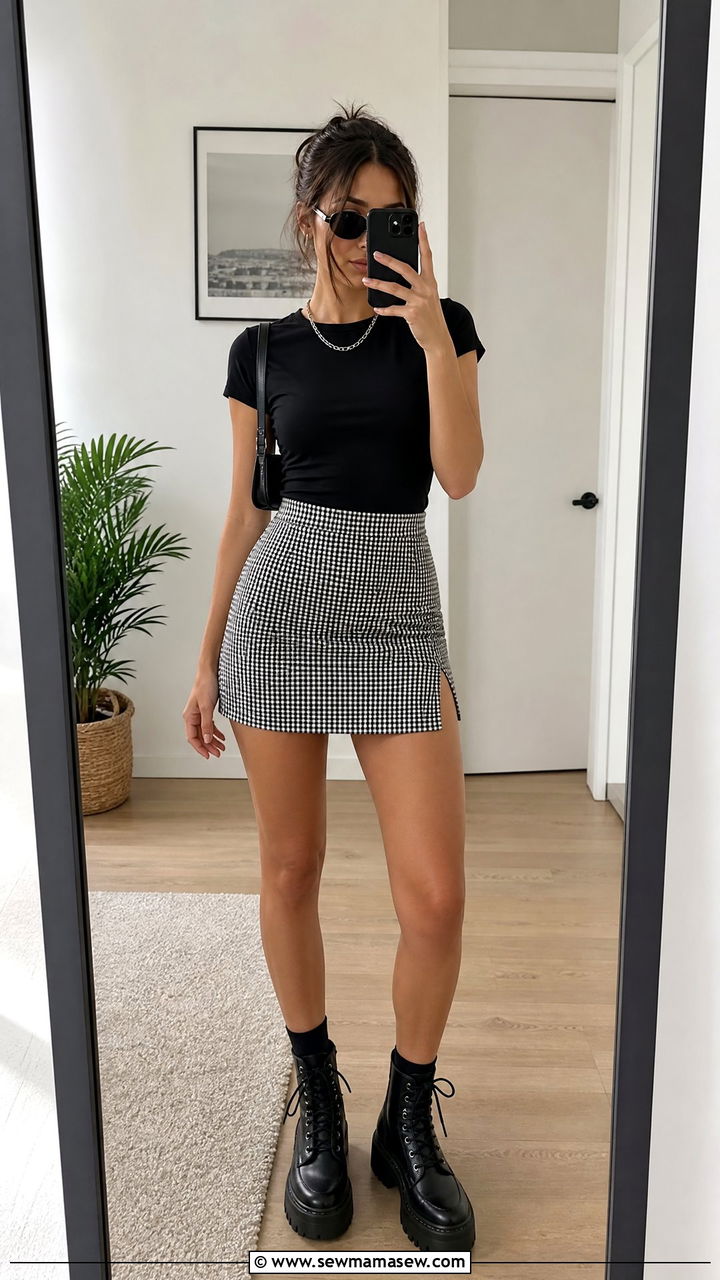 Black Tee And Gingham Mini Skirt With Chunky Boots - 30 summer edgy outfits