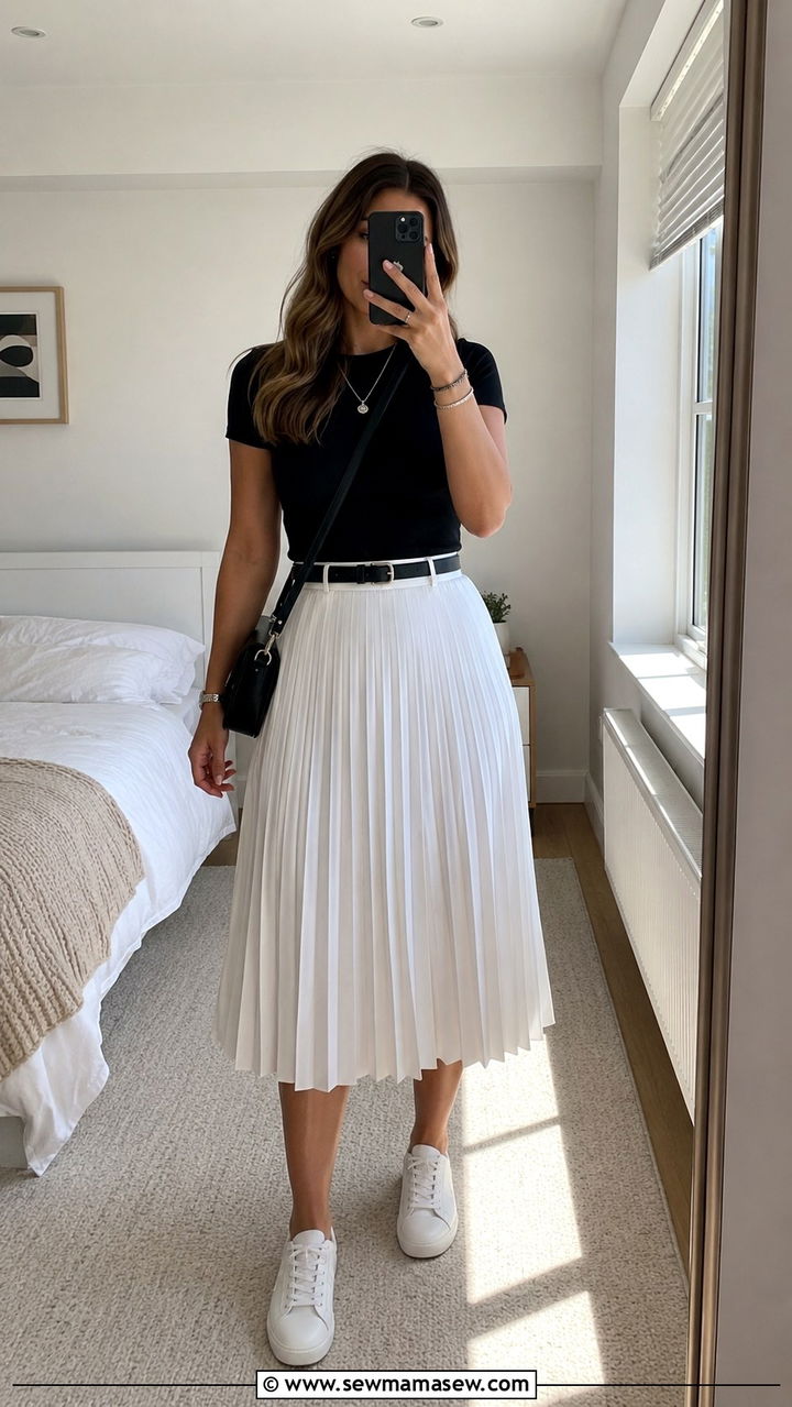 Black Tee With White Pleated Skirt Outfit - 30 Pleated skirt outfit ideas with a tee