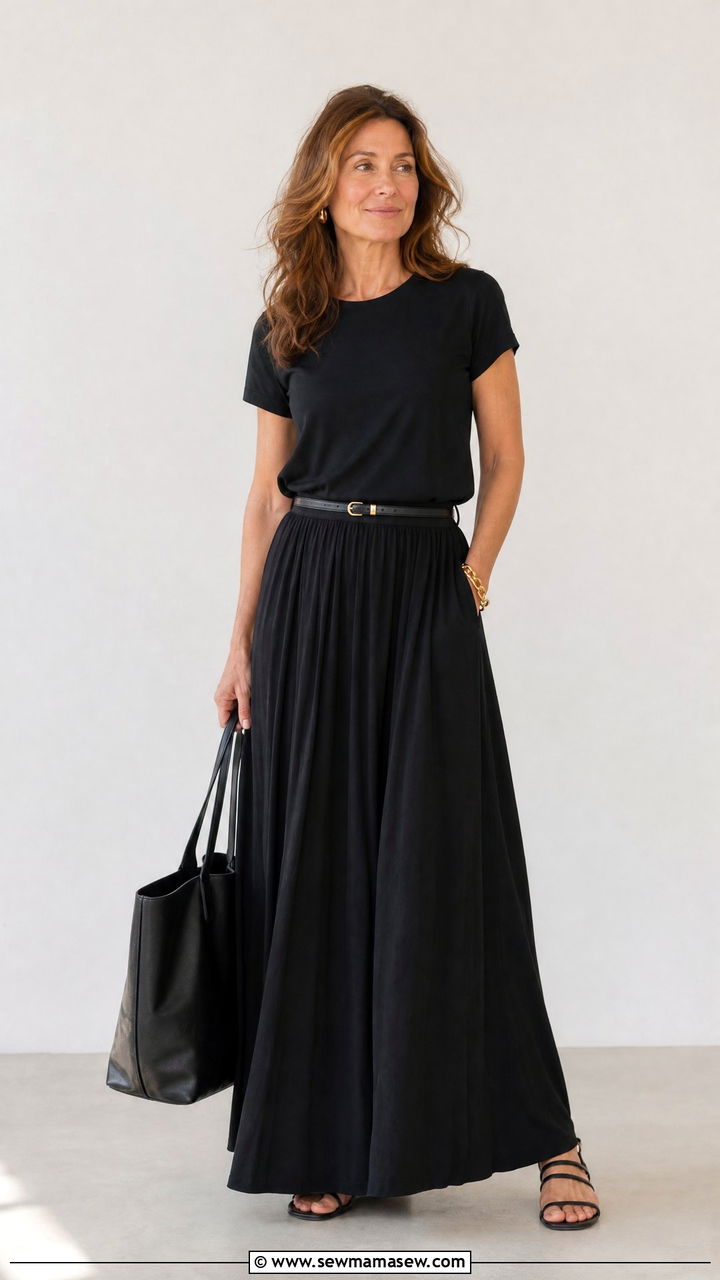 Black Tee and Black Maxi Skirt Outfit - 30 Cute outfits for women over 40
