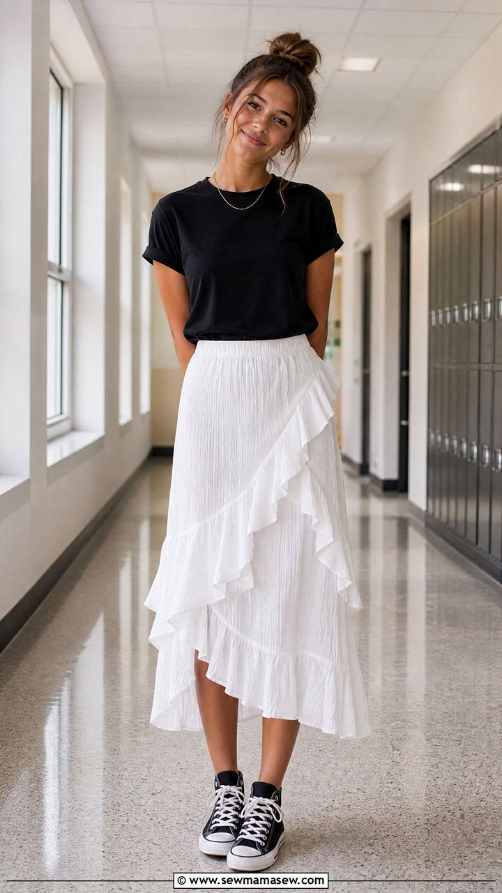 Black Tee and White Ruffle Skirt Outfit - 30 Summer outfits for school