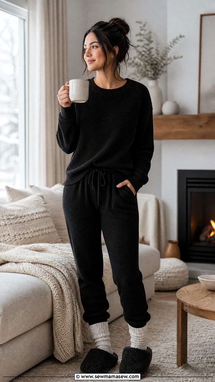 Black Thermal Lounge Set With Fuzzy Slippers - 25 Black loungewear set outfit ideas