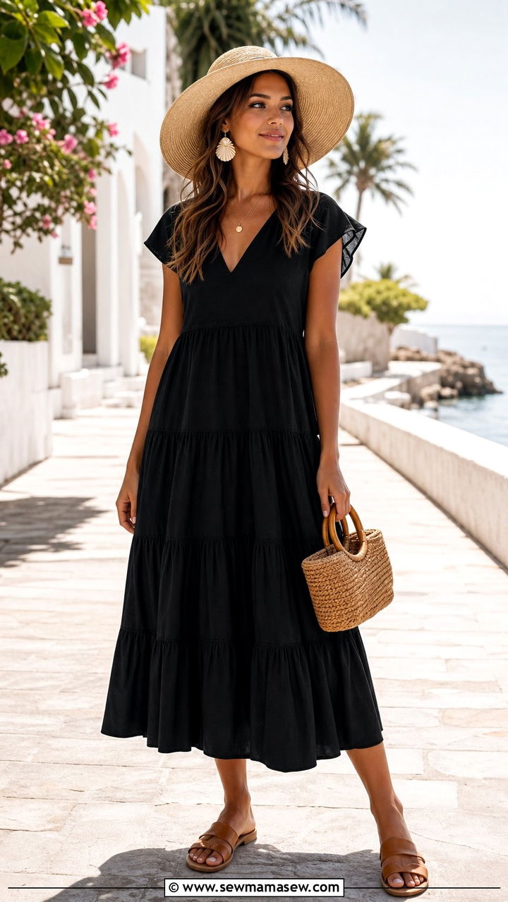 Black Tiered Dress With Rattan Bag and Slides - 25 spring little black dress outfit ideas