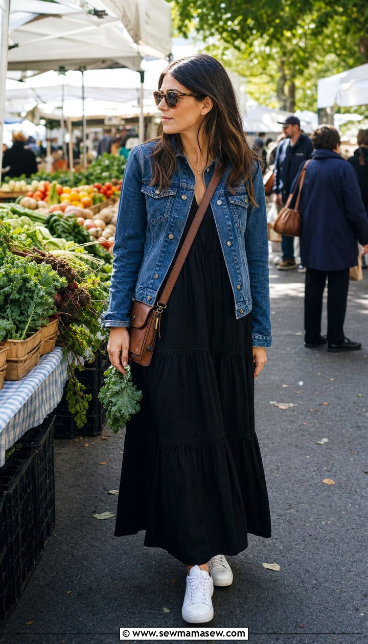 Black Tiered Maxi Dress With Denim Jacket And White Retro Sneakers - 25 dark academia capsule wardrobe outfits