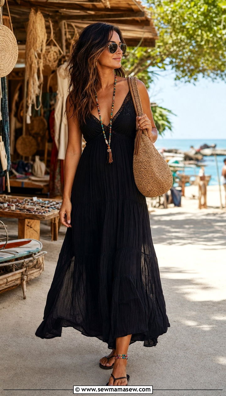 Black Tiered Maxi Dress With Flip Flops - 25 summer black dress outfit ideas