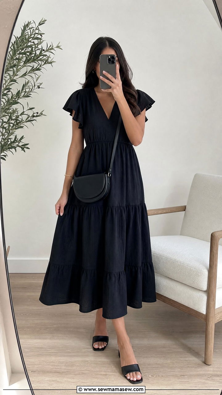 Black Tiered Midi Dress With Minimal Jewelry - 25 Funeral outfits for summer