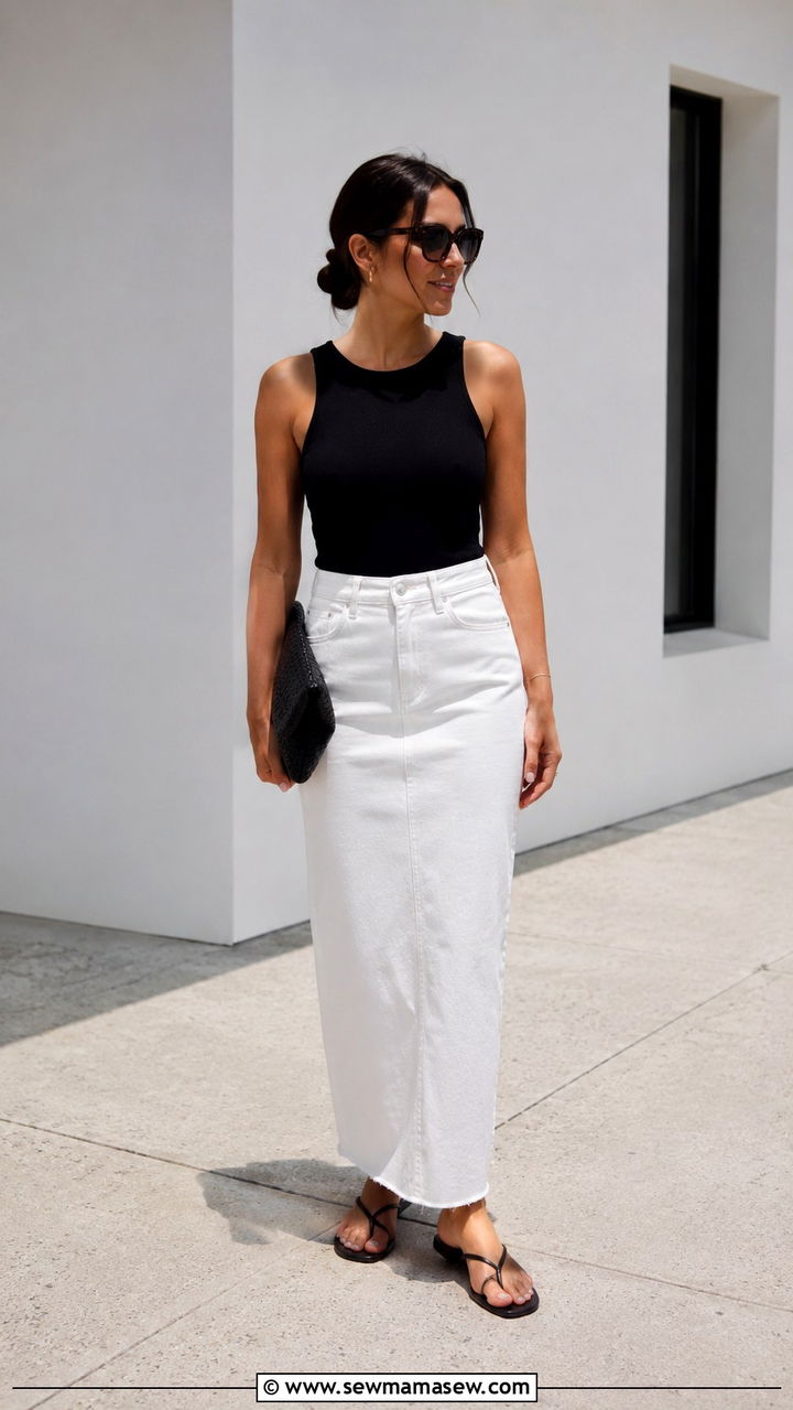Black Top with Long White Denim Skirt - 30 Late March outfit ideas