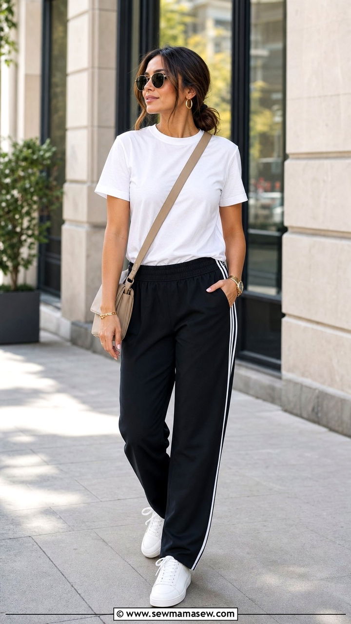 Black Track Pants With White Tee And Sneakers - 25 spring track pants outfit ideas