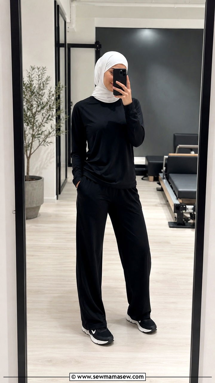 Black Training Set With Contrast White Sports Hijab - 25 Modest yoga outfit ideas with hijab