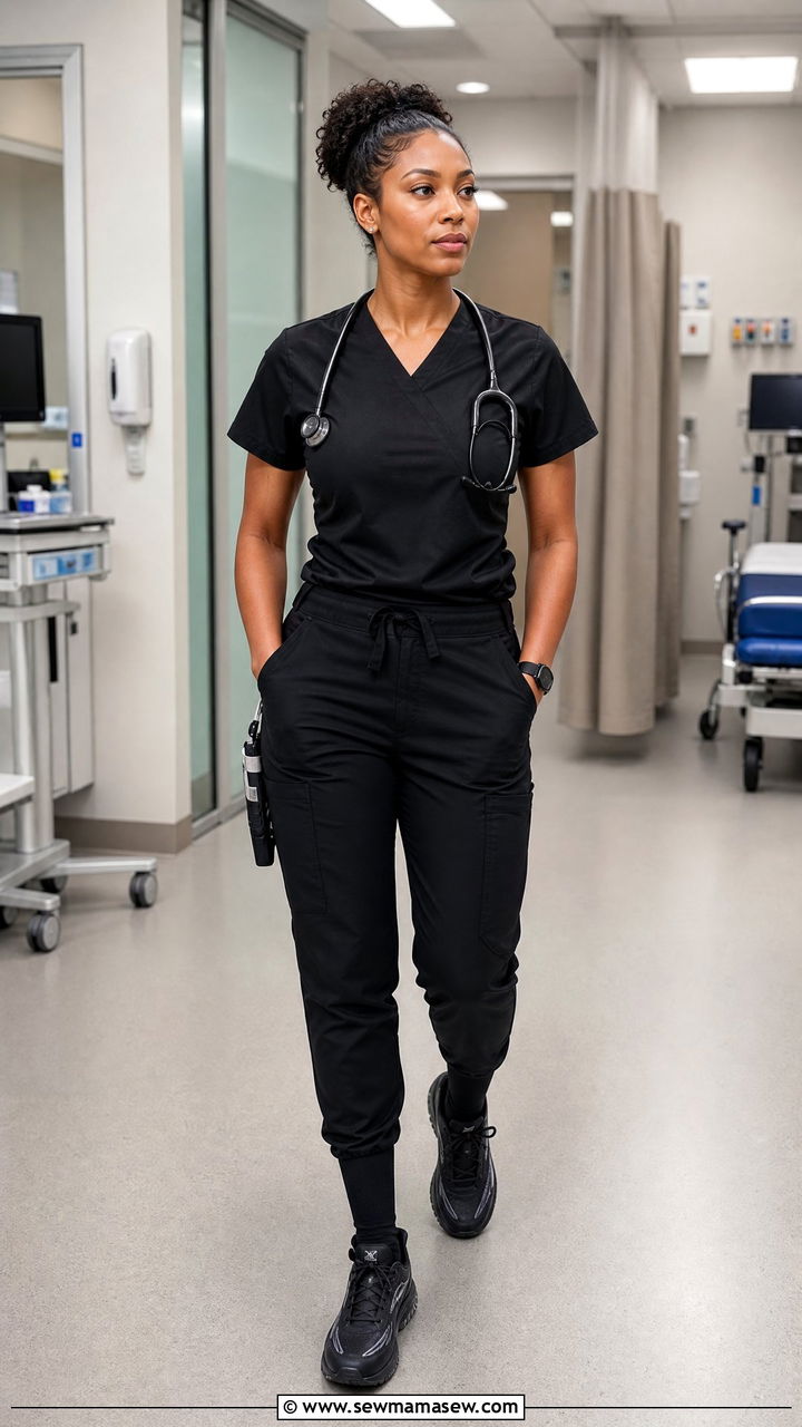 Black Trauma Nurse Scrubs With Hoka Running Shoes - 30 ER nurse outfit ideas