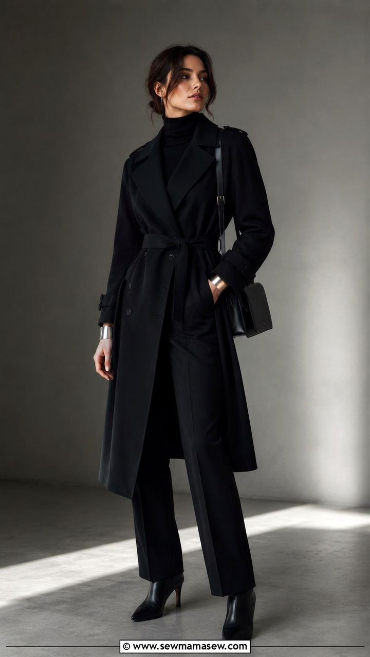 Black Trench Coat Outfit With All Black Layers - 30 Quiet luxury outfit ideas with trench coat