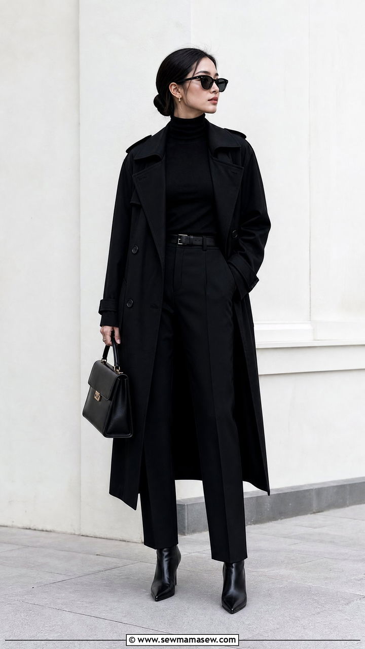 Black Trench Coat Over All Black Monochrome Layers - 35 How to style a trench coat