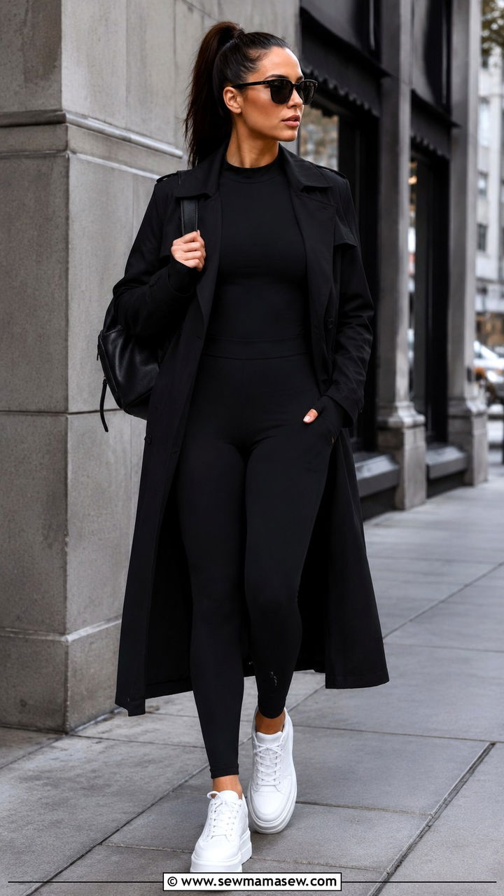 Black Trench Coat With Athleisure Set And Platform Sneakers - 25 Black trench coat outfit ideas with sneakers