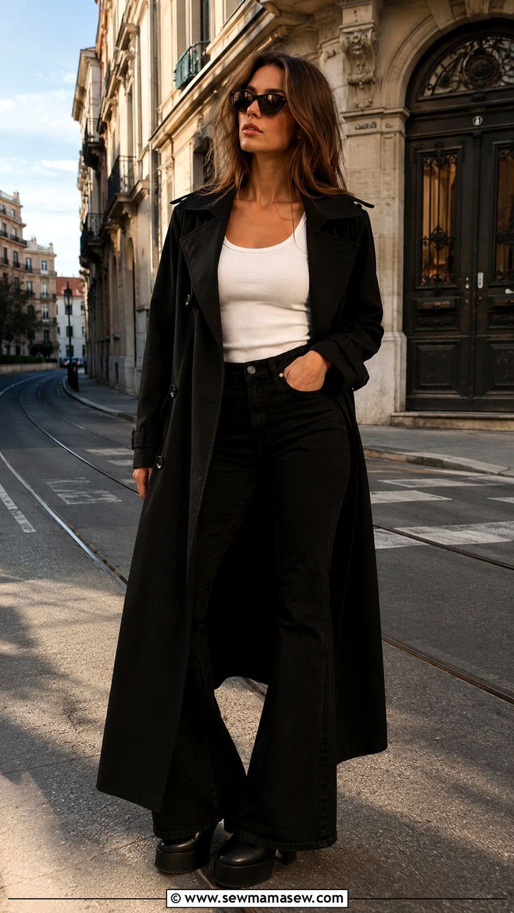 Black Trench Coat With Black Flare Jeans And Platform Boots - 25 Black jeans outfit ideas with a trench coat