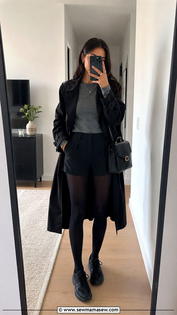 Black Trench Coat With Black Shorts And Opaque Tights Sneakers - 25 Black trench coat outfit ideas with sneakers