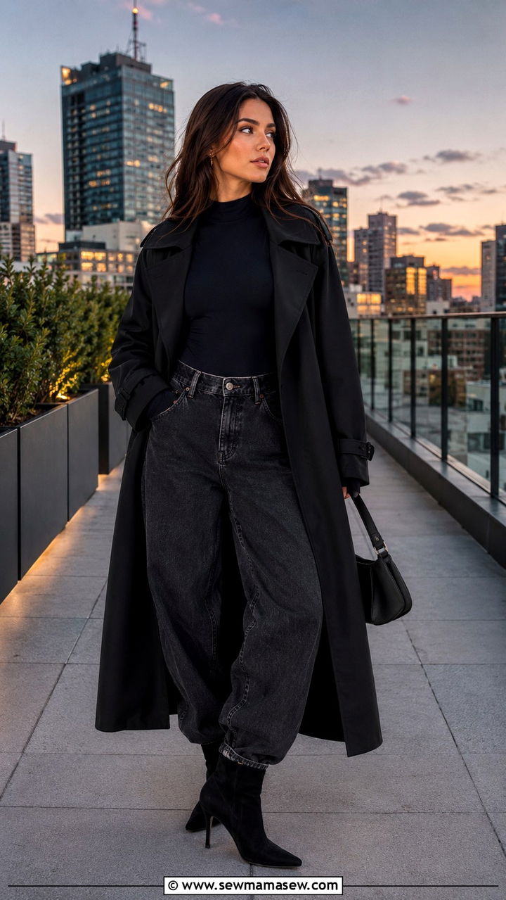 Black Trench Coat With Bodysuit and Heeled Ankle Boots - 25 Baggy jeans outfit ideas with a trench coat