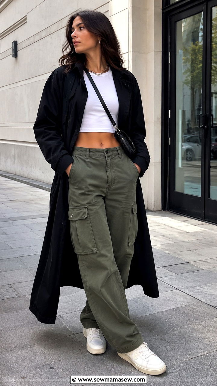 Black Trench Coat With Cargo Pants And Cropped Tee Sneakers - 25 Black trench coat outfit ideas with sneakers