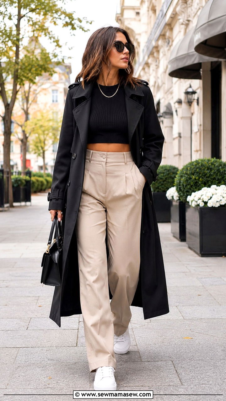 Black Trench Coat With Crop Top And High Waisted Trousers Sneakers - 25 Black trench coat outfit ideas with sneakers