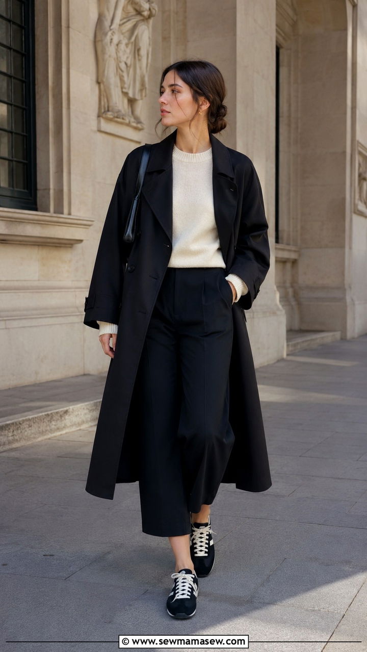 Black Trench Coat With Cropped Wide Leg Pants And Ballet Sneakers - 25 Black trench coat outfit ideas with sneakers