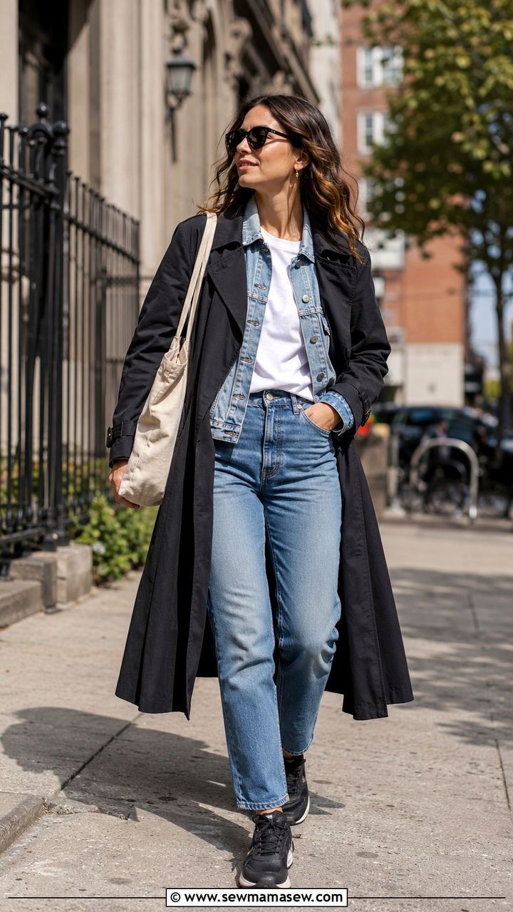 Black Trench Coat With Denim On Denim And Sneakers - 25 Black trench coat outfit ideas with sneakers