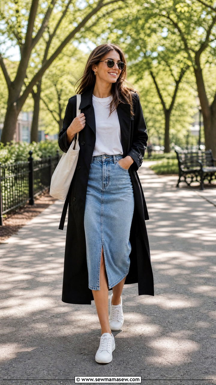 Black Trench Coat With Denim Skirt - 25 Black trench coat outfit ideas with a skirt