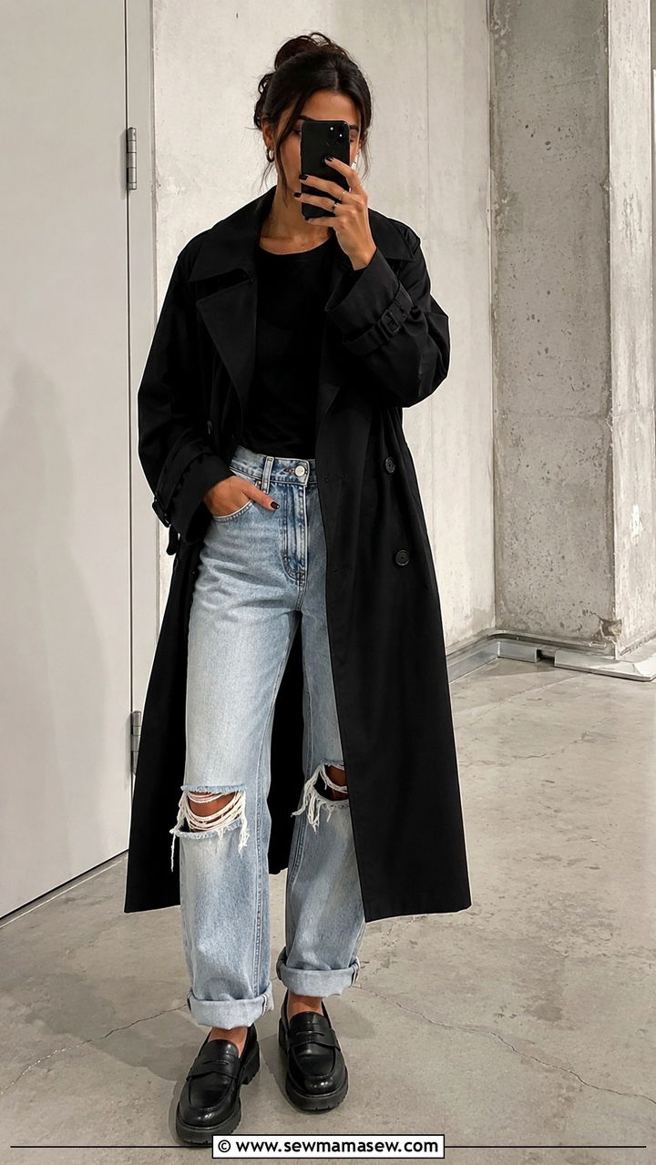 Black Trench Coat With Distressed Boyfriend Jeans and Loafers - 30 Long trench coat outfit ideas with jeans