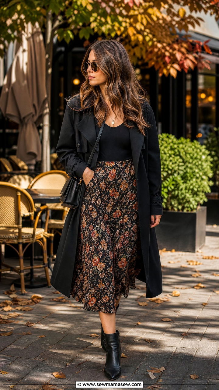 Black Trench Coat With Floral Skirt - 25 Black trench coat outfit ideas with a skirt