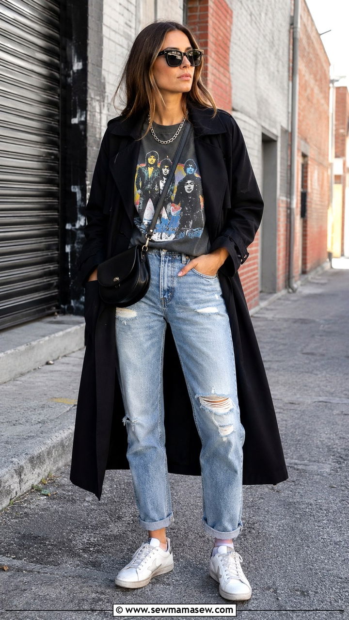 Black Trench Coat With Graphic Tee And Distressed Jeans Sneakers - 25 Black trench coat outfit ideas with sneakers
