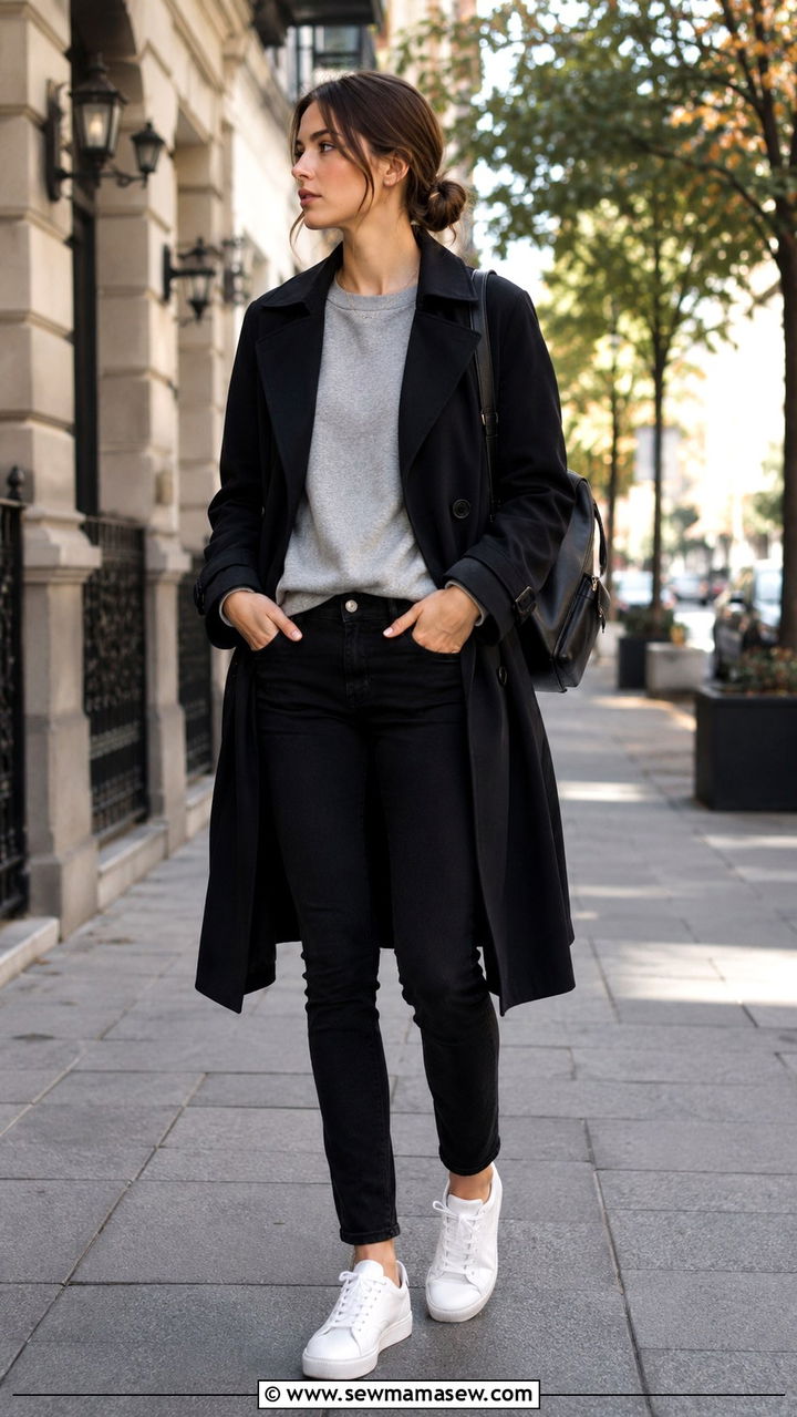 Black Trench Coat With Grey Sweatshirt And Black Jeans Sneakers - 25 Black trench coat outfit ideas with sneakers