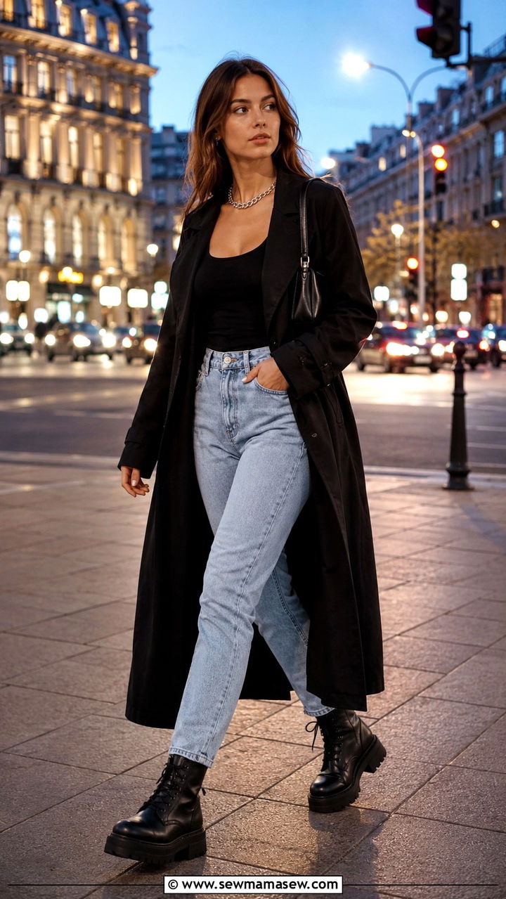 Black Trench Coat With High Waisted Jeans - 30 High waisted jeans outfit ideas with a trench coat