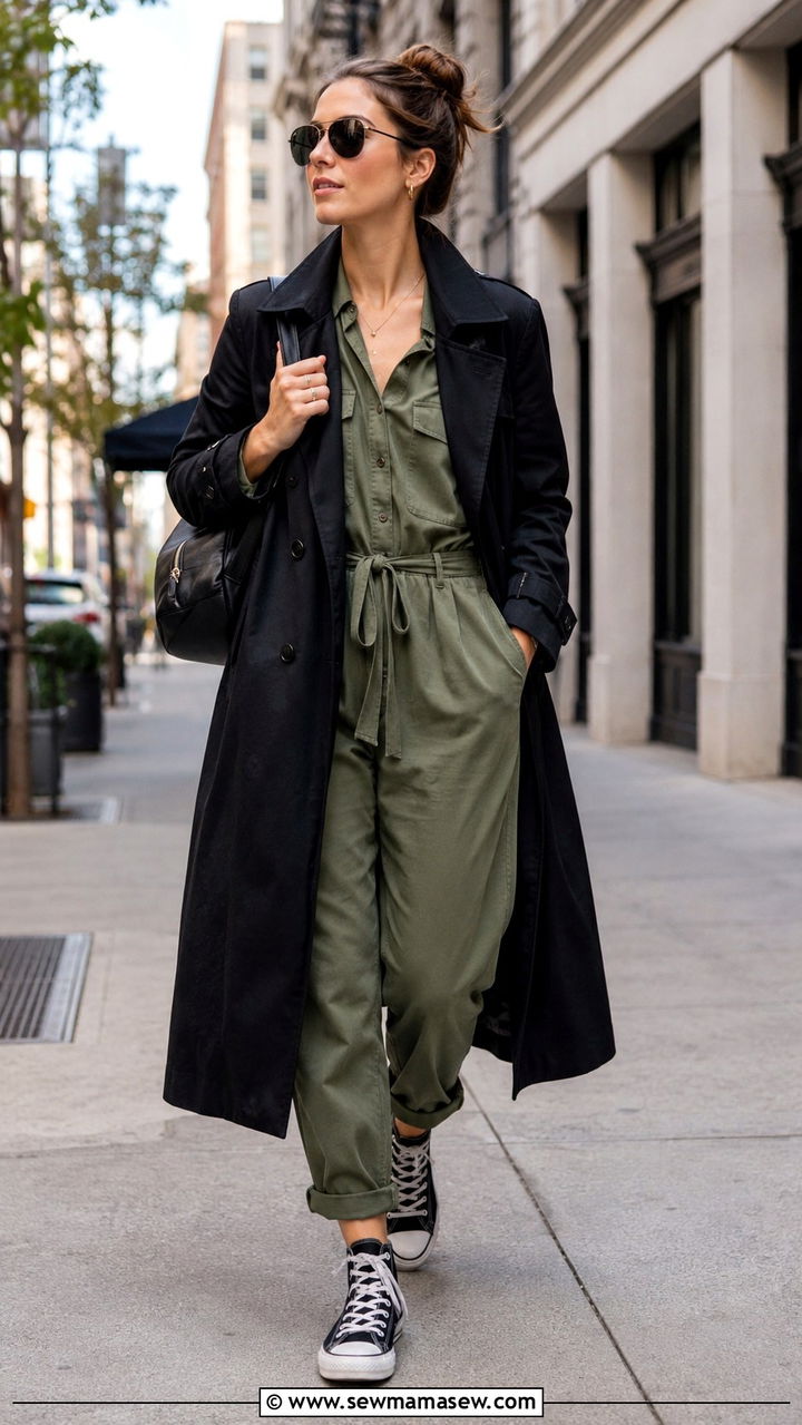 Black Trench Coat With Jumpsuit And High Top Sneakers - 25 Black trench coat outfit ideas with sneakers