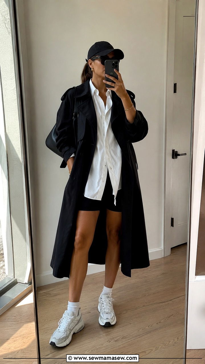 Black Trench Coat With Oversized Button Down Shirt And Bike Shorts Sneakers - 25 Black trench coat outfit ideas with sneakers