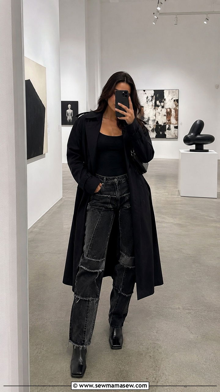 Black Trench Coat With Patchwork Black Jeans And Square Toe Boots - 25 Black jeans outfit ideas with a trench coat