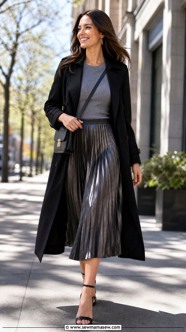 Black Trench Coat With Pleated Midi Skirt - 25 Black trench coat outfit ideas with a skirt
