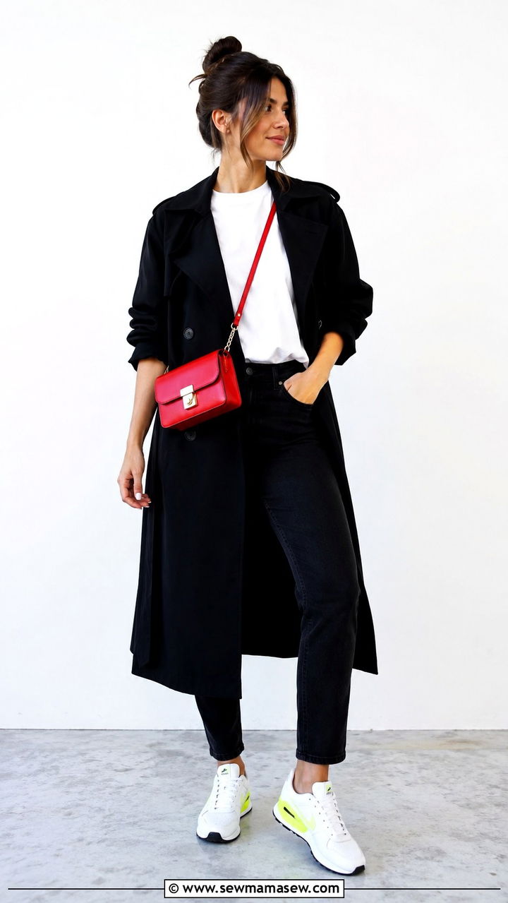 Black Trench Coat With Pop Of Color Accessories And Sneakers - 25 Black trench coat outfit ideas with sneakers