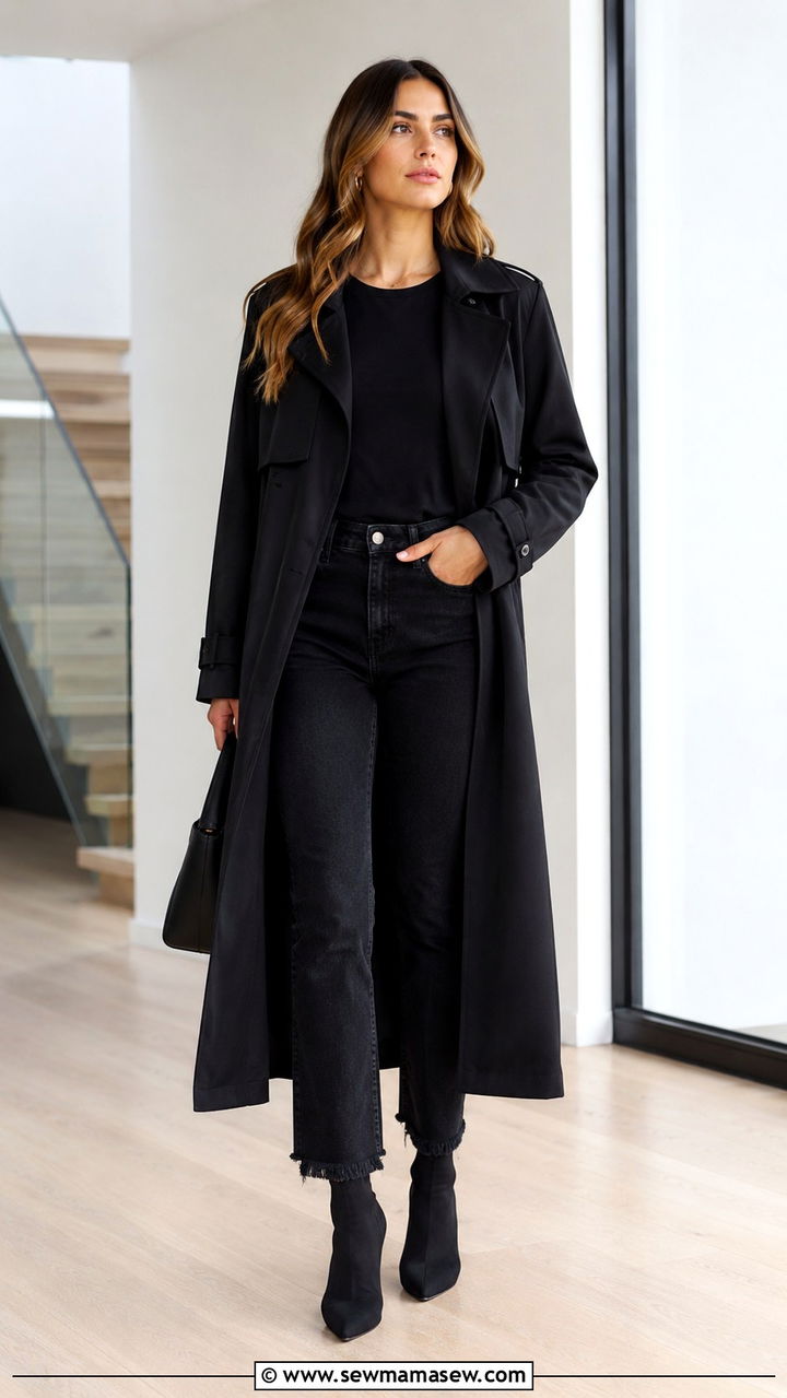 Black Trench Coat With Raw Hem Black Jeans And Sock Boots - 25 Black jeans outfit ideas with a trench coat