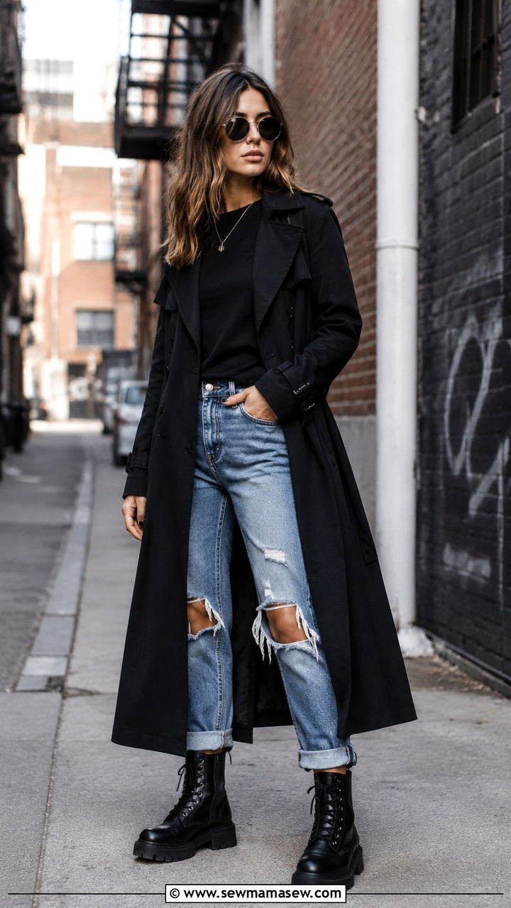 Black Trench Coat With Ripped Jeans and Combat Boots - 30 Long trench coat outfit ideas with jeans