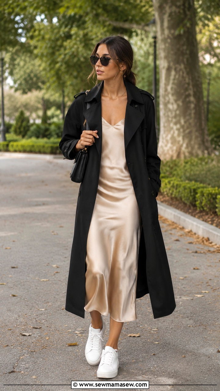 Black Trench Coat With Slip Dress And Clean Sneakers - 25 Black trench coat outfit ideas with sneakers