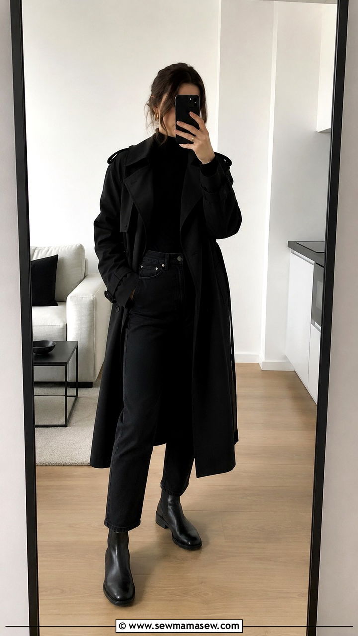 Black Trench Coat With Straight Leg Black Jeans And Chelsea Boots - 25 Black jeans outfit ideas with a trench coat