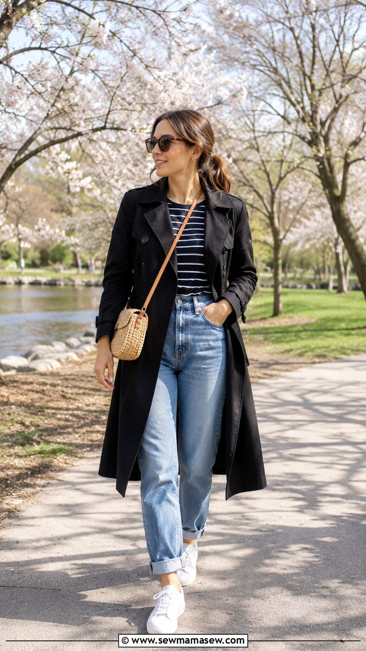 Black Trench Coat With Striped Top And Straight Leg Jeans Sneakers - 25 Black trench coat outfit ideas with sneakers
