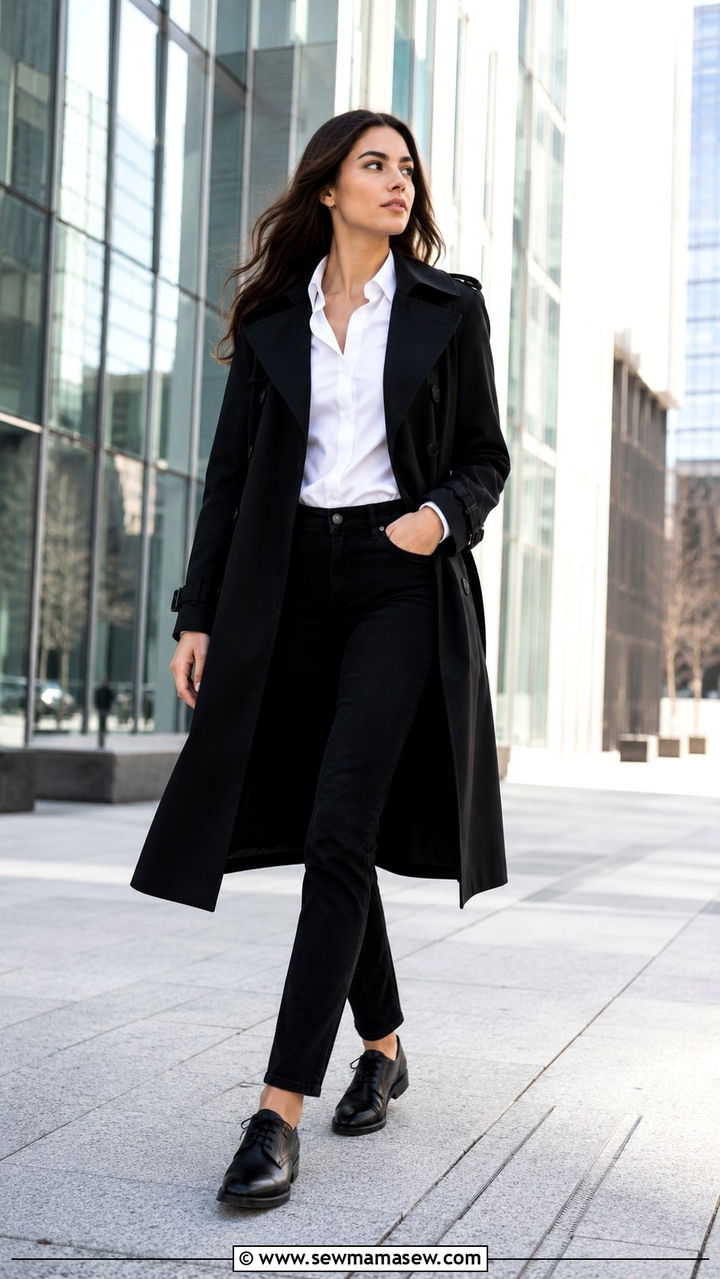 Black Trench Coat With Tailored Black Jeans And Oxford Shoes - 25 Black jeans outfit ideas with a trench coat