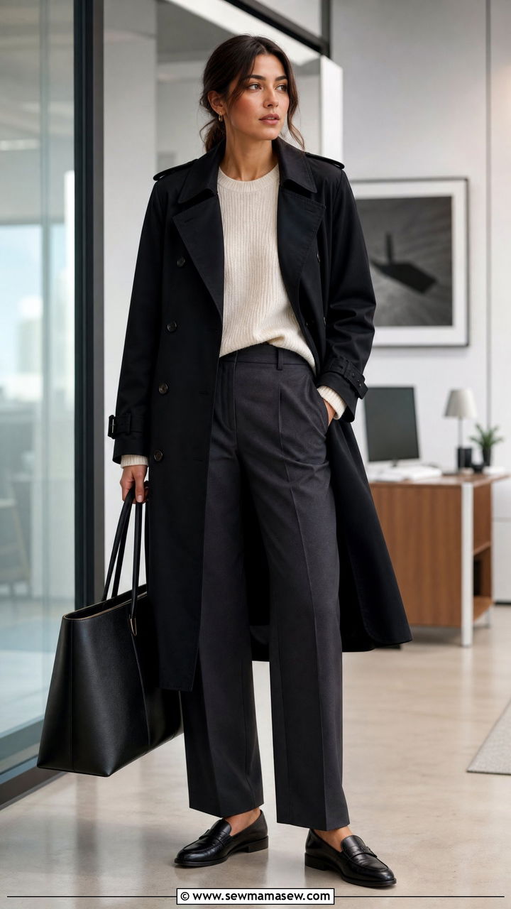 Black Trench Coat With Tailored Trousers - 30 classy trench coat outfits