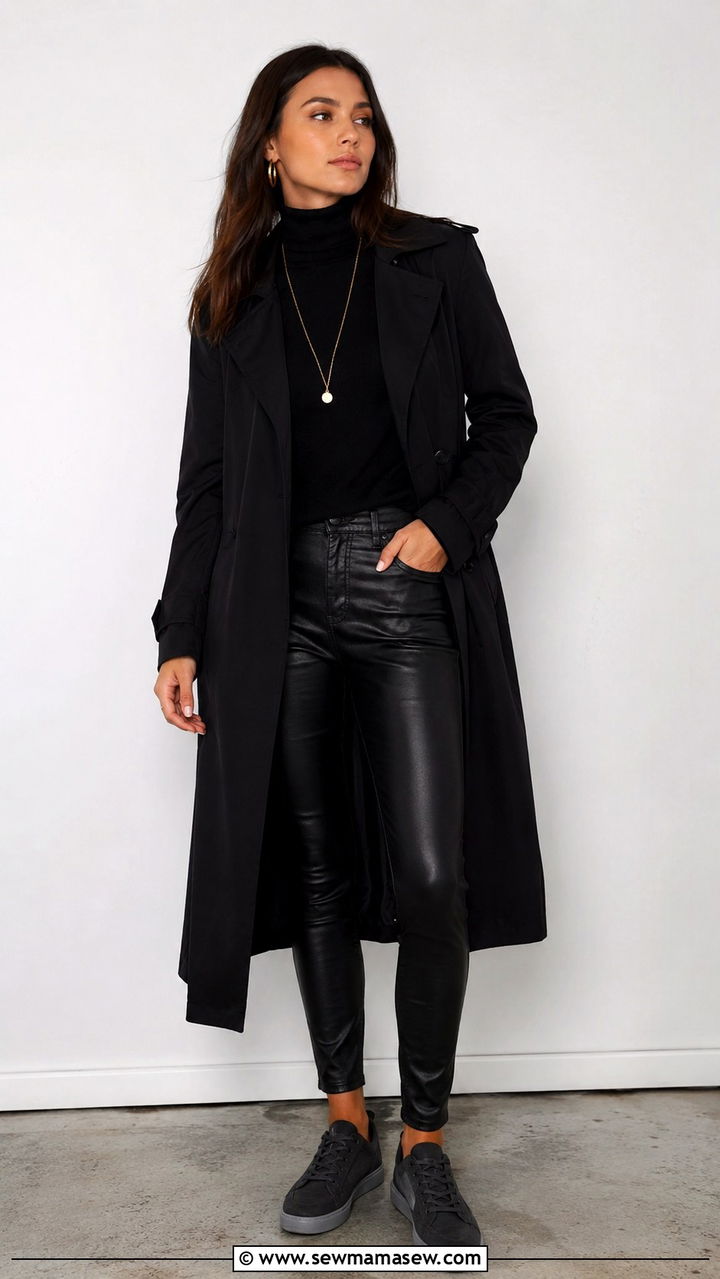 Black Trench Coat With Turtleneck And Leather Pants Sneakers - 25 Black trench coat outfit ideas with sneakers