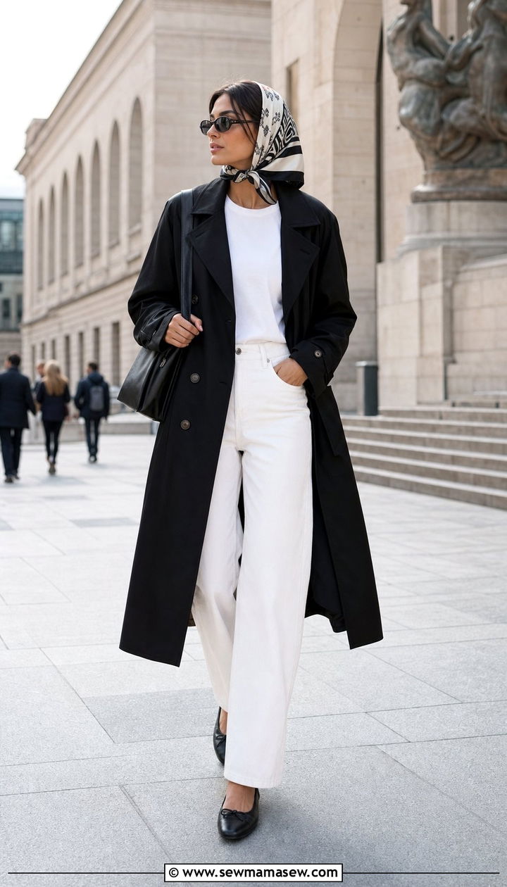 Black Trench Coat With White Jeans and a Head Scarf - 25 spring outfits 2026 women to copy
