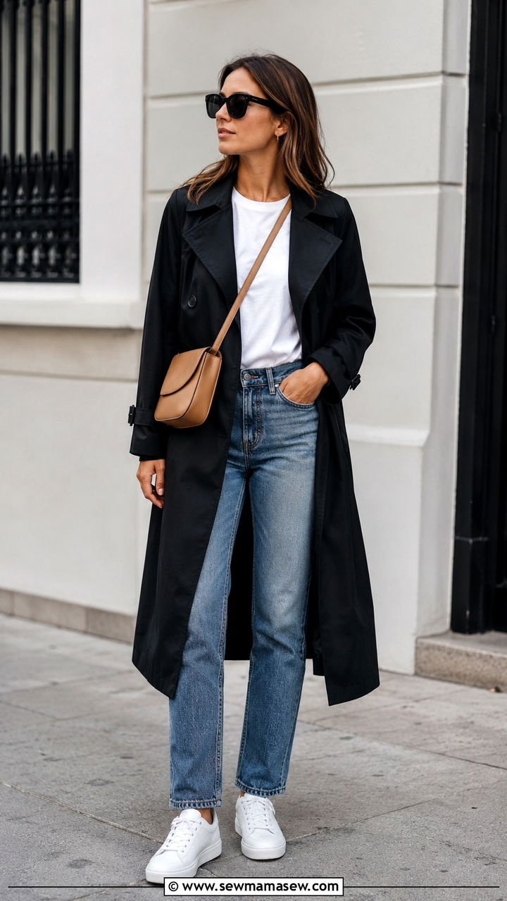 Black Trench Coat With White T Shirt And Jeans Sneakers - 25 Black trench coat outfit ideas with sneakers